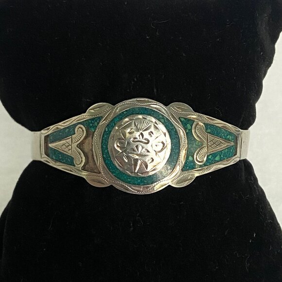 VTG Sterling Silver 925 Mexico Crushed Stone Aztec Cuff Bracelet FLAW Sz 6.25 - Picture 7 of 16